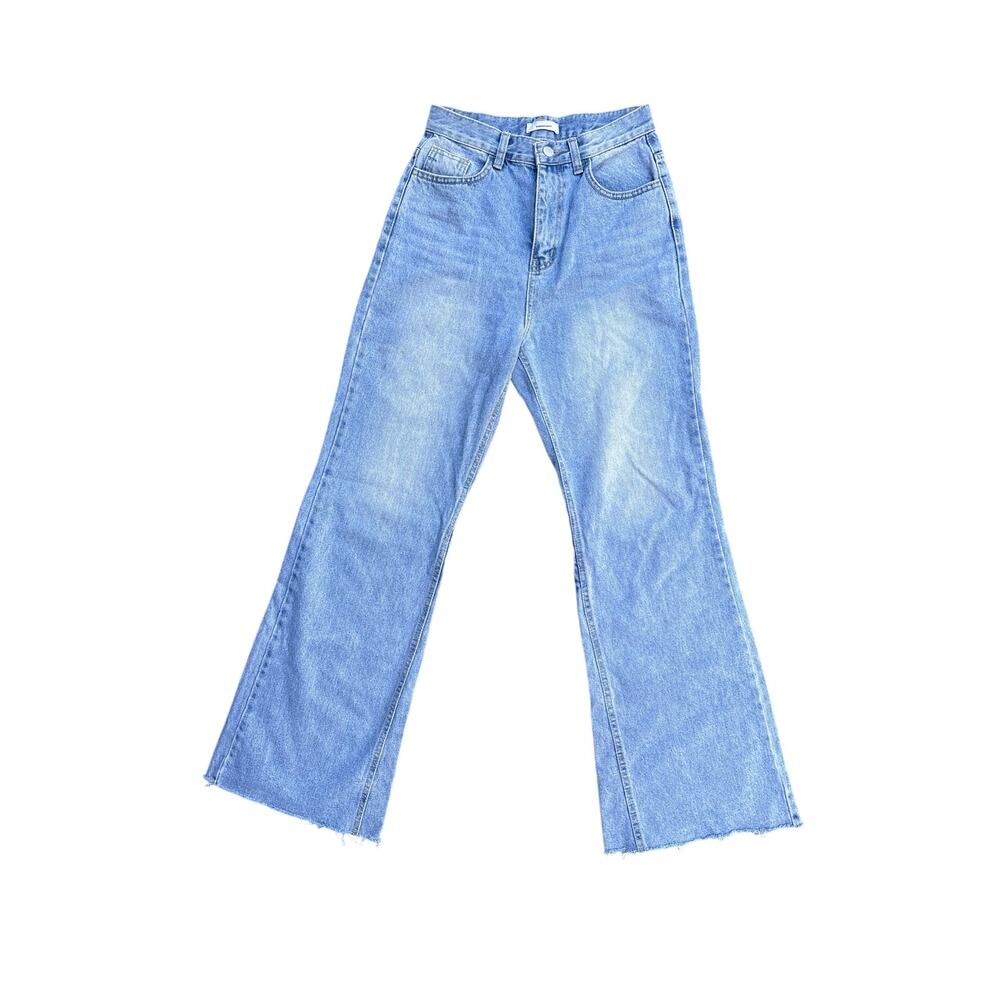 Knock Knock High Rise Flare Jeans Raw Hem Light Wash 70s Size 27